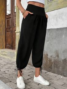 SHEIN LUNE 女士纯色口袋开衩系带七分裤，春夏休闲裤 - 黑色 - 查看 3