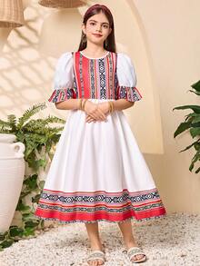 SHEIN Tween Girls Vacation A Line Midi Dress White Geometric Round Neck Puff Short Sleeve Flared Polyester Summer Dress - White - View 5