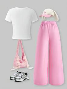 SHEIN ChillGRL 少女休闲时尚荷叶边蝴蝶结图案短袖白色T恤和松紧腰阔腿裤套装，夏季 - 粉色 - 查看 2