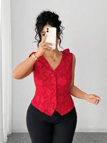 Elenzga 大码优雅提花纹理面料西装背心 - 酒紅色 - 查看 5