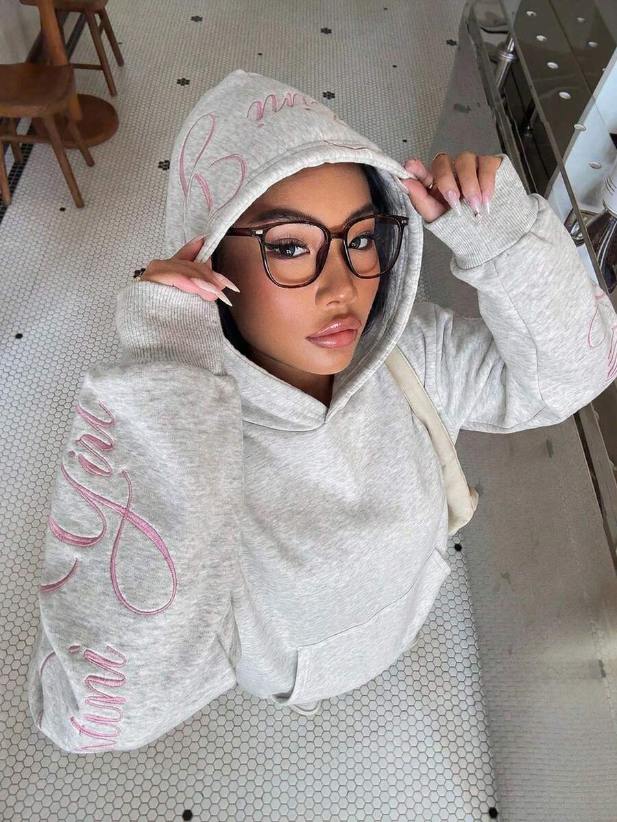 Muchica Light Grey Knitted Women's Sweatshirt With Embroidered Design Sweatshirt For Women Women's Sweatshirts Y2k Grey Sweatshirt - Light Grey - View 1