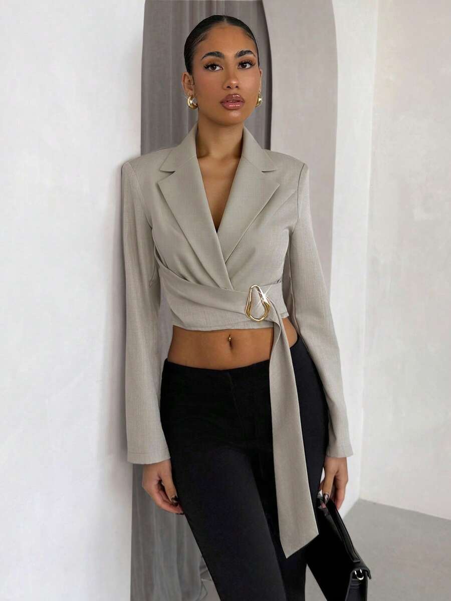 Glamine Spring New Elegant Light Gray Women's Blazer Jacket, Crossover Tie Waist Crop Metallic Button Design, Chic Commuter & Party Wear Short Blazer Blazer Set Women Cropped Blazer Sexy Blouses For Women - Light Grey - View 1
