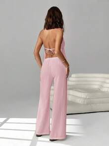 SHEIN EZwear Bộ 2 món đồ dệt kim thường ngày dành cho nữ, áo hở lưng và quần dài, mùa xuân/hè - Hồng - Xem 2