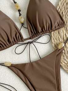 Swim Vcay Top de maillot de bain sans fil de couleur unie en triangle et bas de maillot de bain noué sur le côté, ensemble de deux pièces pour femmes. Ensemble de bikini marron pour la plage et les vacances - Tabac - Voir 4