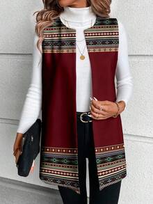EMERY ROSE Geometric Print Bohemian Style Casual Minimalist Plus Size Women Sleeveless Jacket Spring - Multicolor - View 4