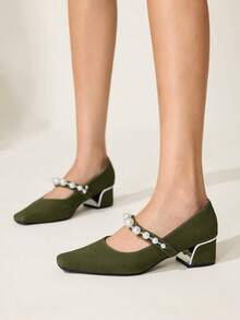 CUCCOO CHICEST Women's Vintage Elegant Suede Pumps With Pearl, Rhinestone Chain Strap, Square Toe, Block Heel, Suitable For Formal Occasions, Parties, Christmas, New Year, Green - Green - View 5