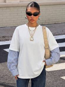 Muchica Women's New 2 In 1 Round Neck Loose Long Sleeve T-Shirt, Casual Clothes, Layering Pieces - White - View 6