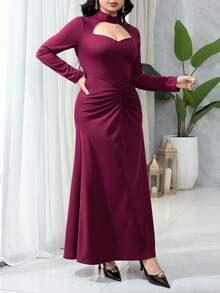 Feyla 女士优雅浪漫纯色褶皱连衣裙 - 紅色 - 查看 3