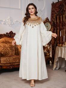 SHEIN Najma Robe longue élégante de style turc pour femmes grandes tailles, robe traditionnelle arabe de luxe - Nude - Voir 5