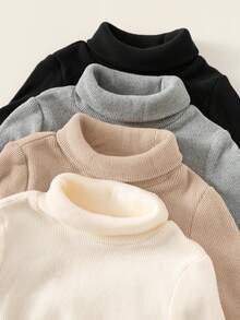 SHEIN 4件/包 男女宝宝休闲纯色针织高领长袖上衣，适合秋冬季穿着 - 彩色 - 查看 4