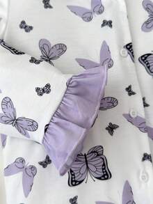 LMoss Kids LMoss 2pcs Young Girl Butterfly Pattern Lapel Button Long Sleeve Loose Comfortable Pajama Set,Pajama