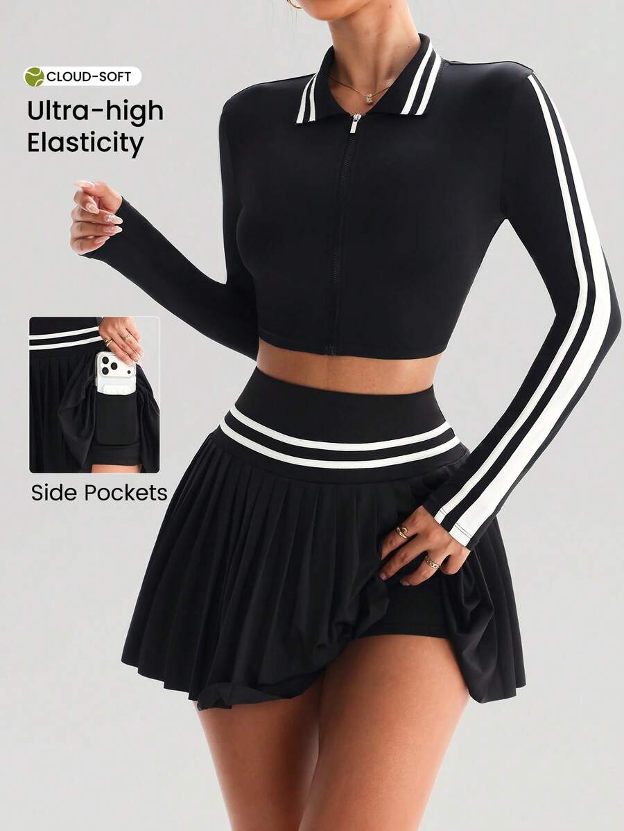 Dewbera 女士拉链领条纹长袖上衣和百褶裙高尔夫运动服