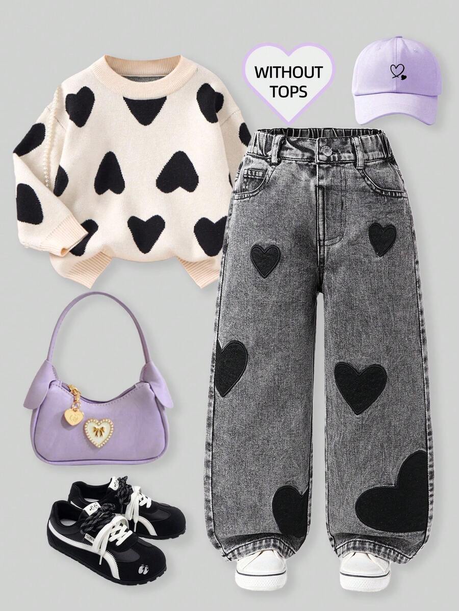 Young Girl Fashion Snowflake Washed Distressed Heart Embroidered Jeans 90s - Dark Grey - View 1