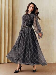 Anewsta 女士优雅系带连衣裙，随机格纹印花，配蝴蝶结，修身收腰设计，适合秋季、冬季、春季、新年、派对、婚礼、时尚、优雅、工作、感恩节、毕业典礼、圣诞节、节日等场合穿着。 - 彩色 - 查看 4