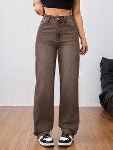 SHEIN Tall Women's High Waist Boyfriend Jeans, Faded Light Blue Washed Y2K Style Denim Pants - Coffee Brown - View 3
