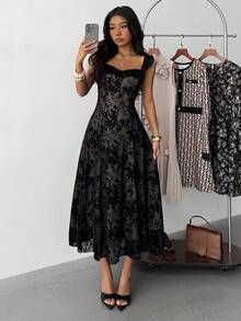 Váy ren dệt kim thanh lịch, giản dị, eo nhún bèo cho bé gái tuổi teen, váy đen cho bé gái, váy voan kiểu Pháp, thích hợp cho ngày lễ tình nhân, mùa cưới, dịp đặc biệt, váy ren - màu đen - Xem 4