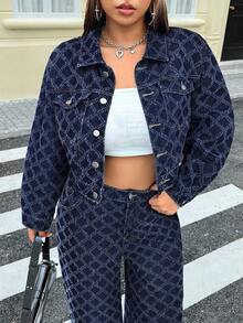 SHEIN ICON 大码女式钩编牛仔休闲外套，秋冬款 - 深色水洗藍 - 查看 11