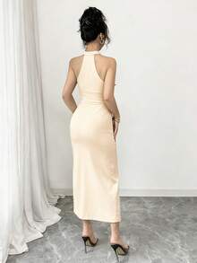 Elenzga 女士优雅蕾丝装饰V领无袖高开衩修身长裙，适合度假、约会、日常聚会和派对穿着，春夏款 - 杏色 - 查看 2