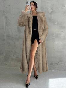 Firerie 女士优雅现代街头时尚精致复古硬币领翻领白色渐变染色仿皮草外套，秋冬款 - 卡其色 - 查看 6