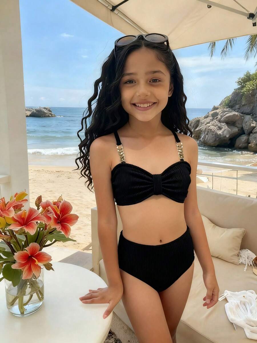 SHEIN Tween Girls Solid Color Special Fabric Swimsuit Set With Decorative Chain, Suitable For Beach, Swimming, Summer Kids Bikini Set High Waist Tween Black Bows Bikini Swimsuits For 14 Year Old Black Two Piece Black Two Piece Bikini Girls Black Bathing Suits For Girls Twist Front 3 Piece Bikini Kids Black Bathing Suits For Girls Two Piece Twist Front Bikini Kids - Black - View 1