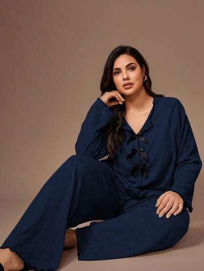 Lazeform Conjunto de salón informal de talla grande para mujer con top de manga larga y pantalones, con decoración de lazo, acabado de volantes y tejido de punto con forro polar