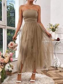 Rafferiza Đầm Maxi Không Dây Lưới Màu Trơn Cho Nữ Trang Phục Nữ - màu nâu - Xem 6