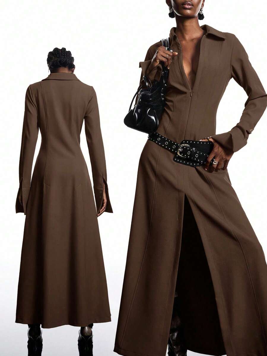 LYSMO Đầm thường ngày tay dài màu trơn có khóa kéo phía trước xẻ tà cho nữ - màu nâu - Xem 1