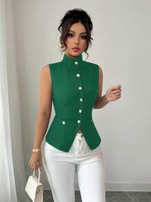 Selianne 时尚复古INS风装饰纽扣前开襟女式衬衫 - 橄欖綠 - 查看 1