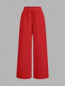 SHEIN EZwear 2件套女士休闲纯色阔腿运动裤 - 紅色 - 查看 3