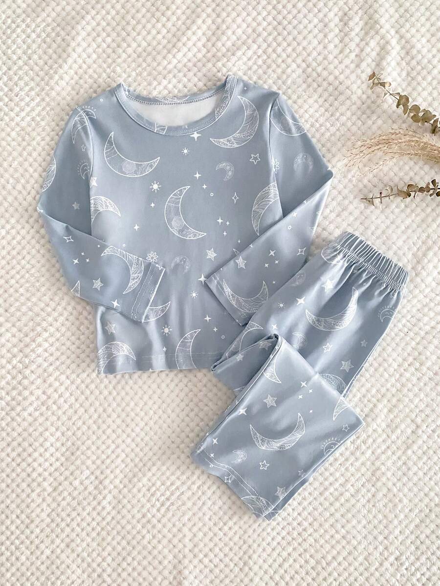 2pcs/Set Young BoyStar & Moon Space Print Long Sleeve Top And Pants Pajama Set, Winter Children Sleepwear Kids Moon Pajamas Two Piece Sleep Set Nightwear Set Kids Pj Set Cute Pajama Set - Navy Blue - View 1