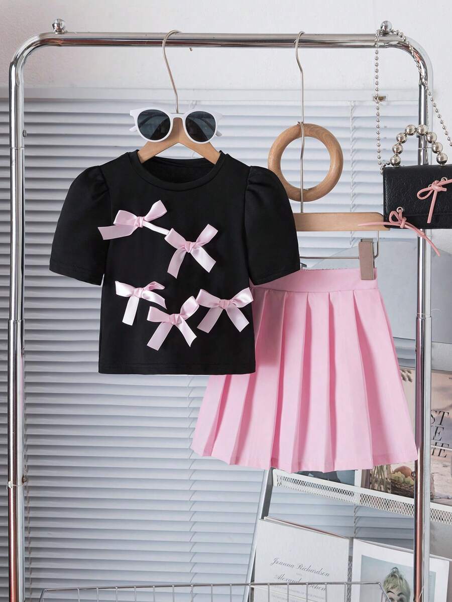 SHEIN Girls Elegant All-Match Versatile 3D Bow Pleated Short Sleeve Round Neck Cropped Knit T-Shirt + Fitted Flare Pants Knit 2-Piece Set - Pink - View 1