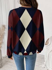 SHEIN LUNE 休闲简约格纹菱形印花图案圆领宽松女式卫衣 - 彩色 - 查看 2
