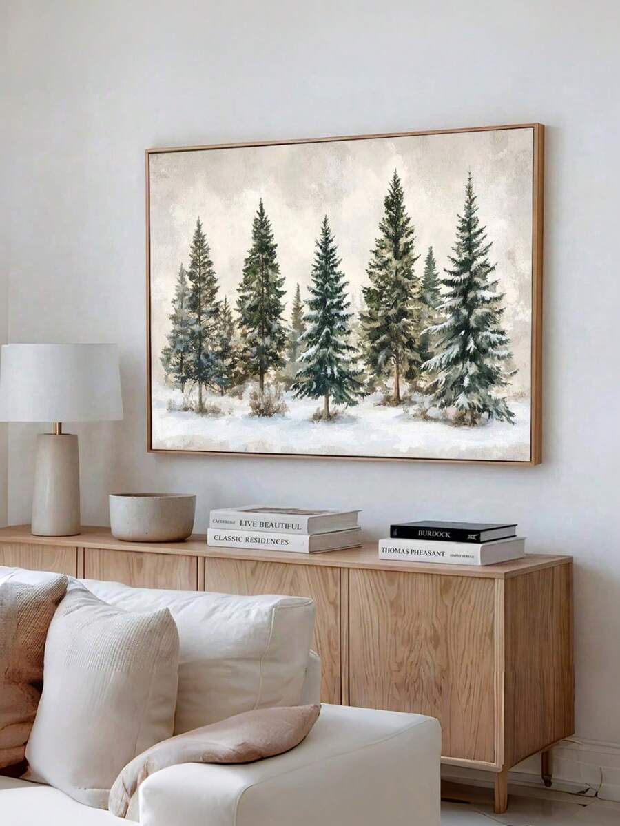 一幅无框冬季风景海报，乡村风格帆布墙画，简约的冬季假日雪景，森林农舍，田园风格装饰复古画，适用于公寓、客厅、卧室、现代家居装饰、家居装饰、秋季装饰、生日装饰、礼物、派对用品、室内节日装饰、墙面装饰。 - 彩色 - 查看 1