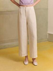 lacRébo 奶油色高腰粗花呢纹理长裤，时尚办公室冬季派对圣诞节必备。 - 米色 - 查看 3