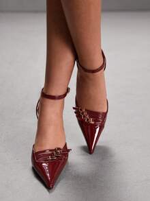 CUCCOO SZL Women's Fashion Versatile Commuter Buckle Pointed Toe Pumps For Christmas - Burgundy - View 7