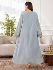 Al Najma 大码女式纯色长袖雪纺条纹优雅休闲土耳其长裙，适合所有季节 - 霧霾藍 - 查看 2