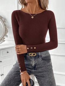 SHEIN Clasi Women's Boat Neck Long Sleeve Sweater With Metal Button Cuffs In Fall/Winter Ribbed Long Sleeve Top Dark Womens Ribbed Long Sleeve Top Casual Ribbed Top Dark Brown Ribbed Top - Mocha Brown - View 1