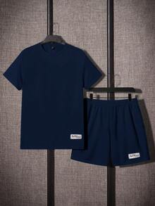 SHEIN 2pcs/Set Teen Boys Casual Loose Comfortable Woven Label Decor Short Sleeve Top And Shorts Set, Suitable For Spring/Summer - Navy Blue - View 3