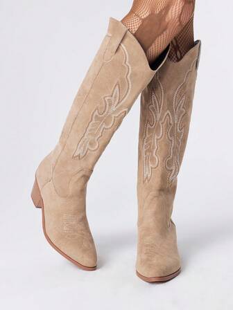 Fairycore Women's Western Embroidered Slip-On Over Knee Boot, Fashionable Outdoor Tall Boot