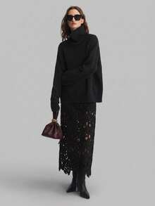 Ontre 2026SS New Spring/Summer Outfit, Black Hollow-Cut Lace Fabric, Loose Fit Women's Skirt, Elegant For Parties, High-End Sophisticated Urban Casual Business Attire, Low-Key Refined Vibe, High-Quality Airport Fashion, Versatile Layering Piece, Thanksgiving Outfit - Black - View 2