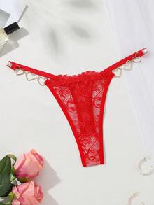 Silver Ribbon Heart Decorated Lace Splice G-String Panty, Sexy Bridallingerie, Rave - Red - View 3