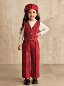 SHEIN New Young Girls Spring Autumn Party Outfit, Classy Vest + Wide Leg Pants + Long Sleeve Tee 3 Pieces Set, Outdoor Casual 3 Pieces Set, Pink Sleeveless Buttoned Vest + Comfy Turtleneck Long Sleeve Knit Top + Wide Leg Pants, Stylish European American Chic Toddler Girl Clothing Set - Burgundy - View 1