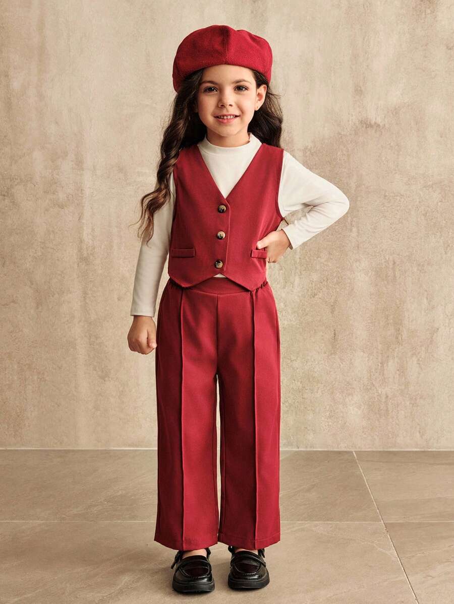 SHEIN New Young Girls Spring Autumn Party Outfit, Classy Vest + Wide Leg Pants + Long Sleeve Tee 3 Pieces Set, Outdoor Casual 3 Pieces Set, Pink Sleeveless Buttoned Vest + Comfy Turtleneck Long Sleeve Knit Top + Wide Leg Pants, Stylish European American Chic Toddler Girl Clothing Set - Burgundy - View 1