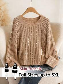 SHEIN Tall CURVE Plus Size Women Patchwork Shiny Round Neck Raglan Sleeve Fashionable Pullover Sweater - Apricot - View 1