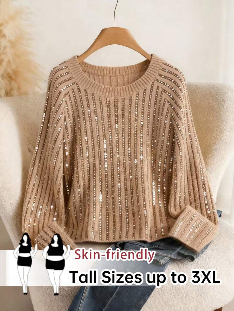 SHEIN Tall CURVE Plus Size Women Patchwork Shiny Round Neck Raglan Sleeve Fashionable Pullover Sweater - Apricot - View 1
