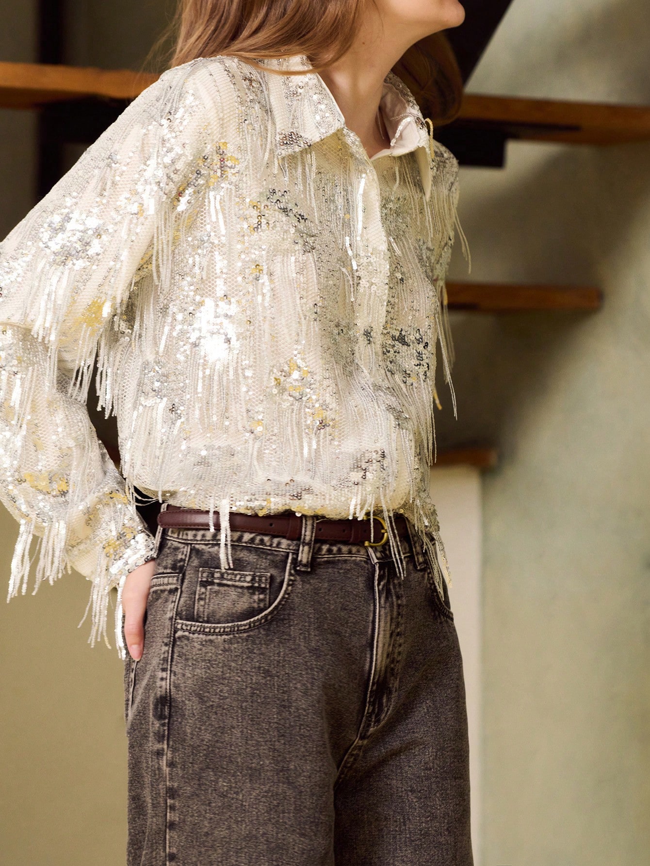 Silver Sequin Fringe Button-Up Shirt With Floral Embellishment Party Look Sequin Shirt Sequin Top Sparky Party Top French Style Parisian Style