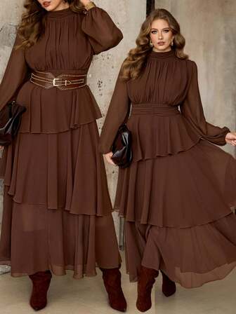 Roveilla Vestido maxi de mujer talla grande de unicolor, de gasa transparente con forro, cuello alto, plisado, cintura ajustable, línea A, volantes asimétricos, mangas farol, estilo retro francés elegante, versátil para uso casual, formal, oficina, fiesta, otoño/invierno