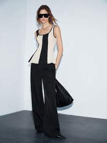 Lumivelle Women's Square Neck Textured Fabric Apricot Patchwork Black Design Flared Hem Tank Top - Black and White - View 6