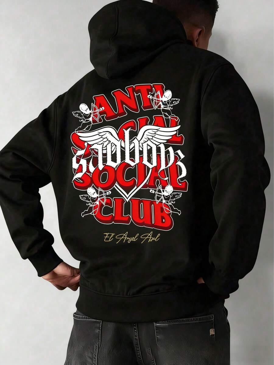 Hombre003-1 Sudadera Con Capucha De Cuello Redondo Para Hombre Con Estampado De Anti Social Club Sad Boyz Bolsillo Canguro Y Cordón, Manga Larga, Suelta Y Casual, Ideal Para Regalar Como Ropa De Hombre Frente y Espalda(Modelo Ligero Primavera-Otoño. Elige talla superior.) - Negro 13 - Ver 1