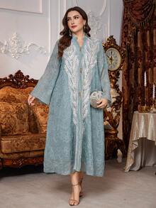 Al Najma Plus Size Women's Elegant Loose Long Sleeve Arabic Style Dress With Embroidered Mesh Trim, High-End And Romantic Kaftan Jalabiya Dress - Green - View 6